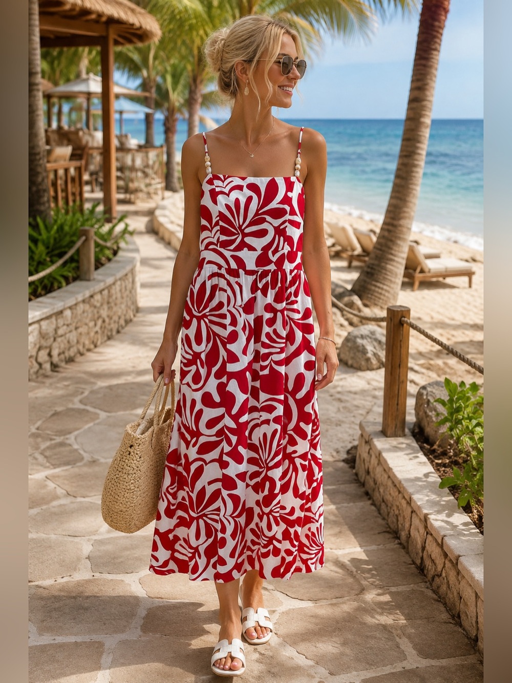 Monteau ~ Red & White Floral Spaghetti Strap Tie Back Midi Dress NWOT - S